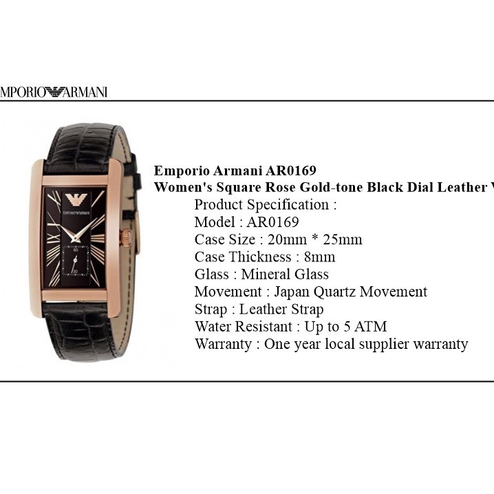 AR0169 Authentic Original Women Emporio Armani Square Rose Gold-tone Black  Dial Leather Watch (IV) | Shopee Malaysia