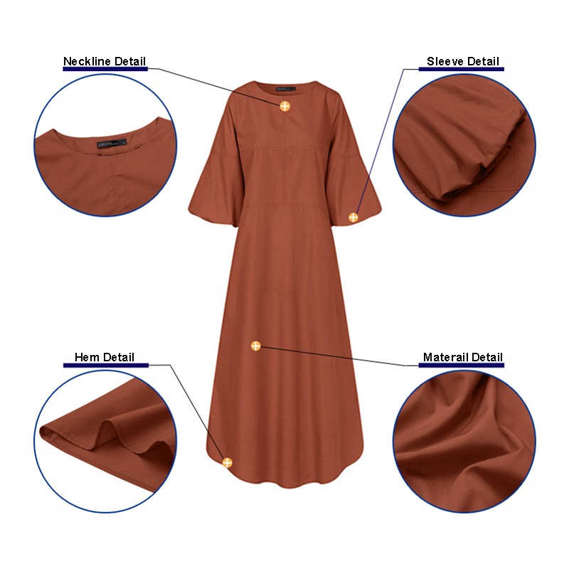 ZANZEA Women Casual 3/4 Lantern Sleeve Solid Color Elastic Cuff Maxi Dress #8