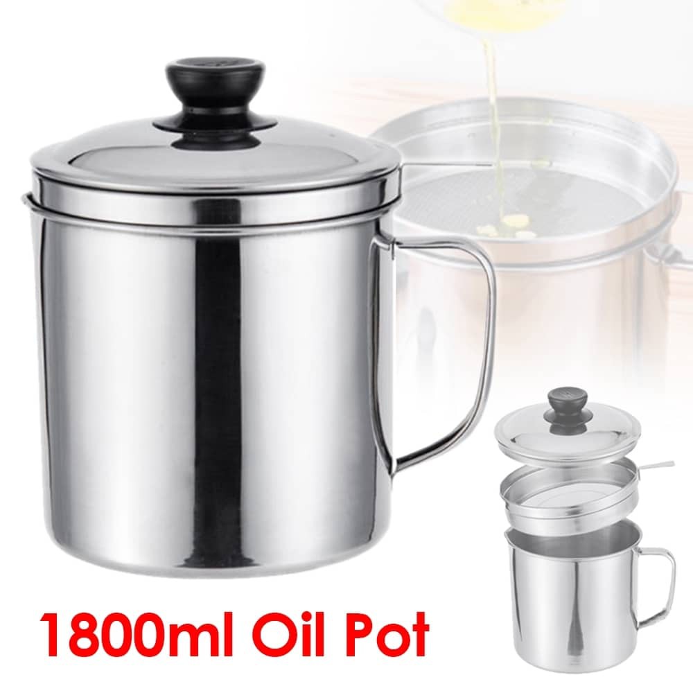 [Ready Stock] Kitchen 1.3L/1.8L Stainless Steel Oil Storage Filter Oil Reuse Container Pot with Mesh Strainer
