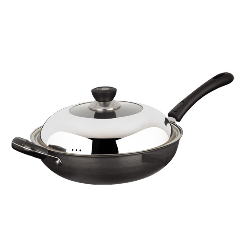 Alloy Titanium Wok Chinese Cooking Wok With Stainless Steel Lid《Compound bottom》With Stick Handle(34cm, 36cm)