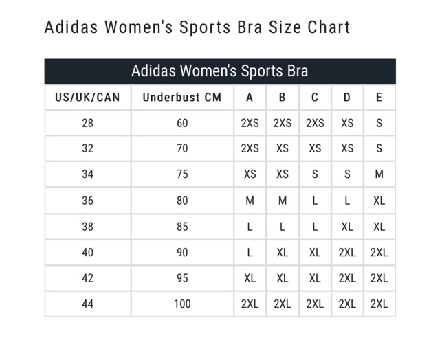 adidas sports bra size chart cheap online