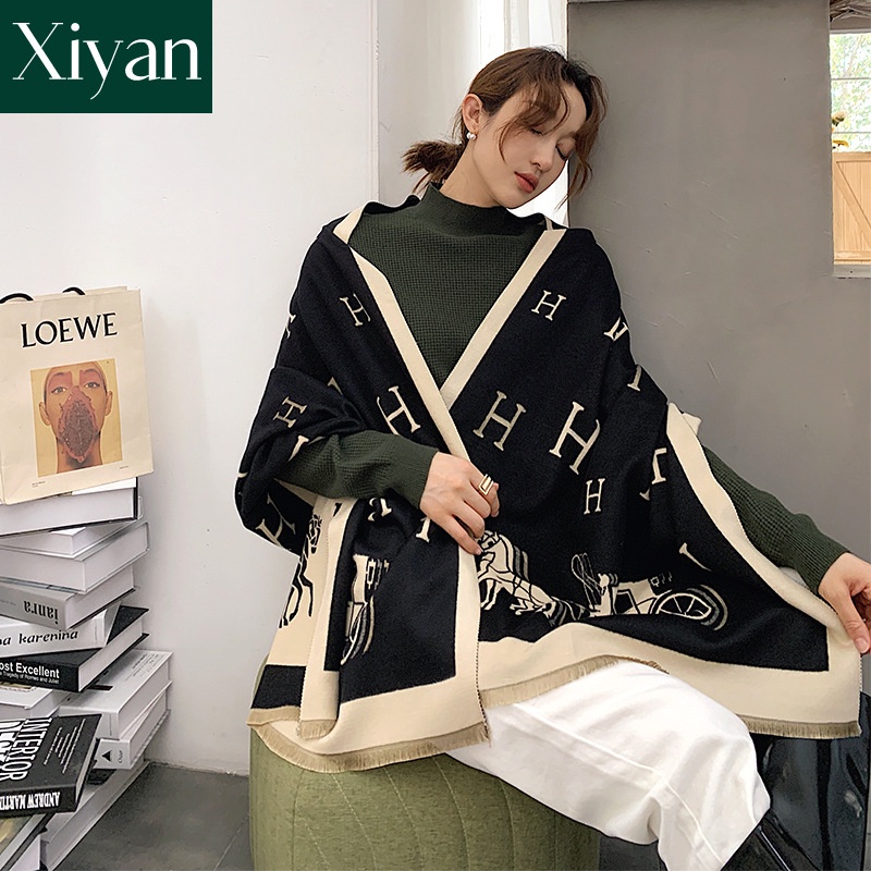 [Xiyan Beauty] Scarf Women European American New Style Carriage Letters Imitation Cashmere Big Shawl Thickened Winter Warm Tassel Bib Dual-Use Sha