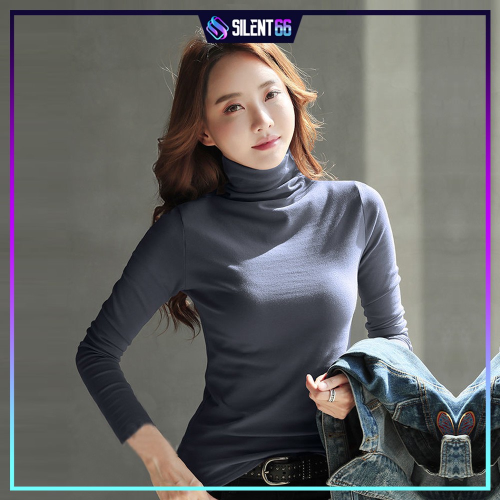 READY STOCK High Neck Women Long Sleeve Casual Solid Color Shirt - MIYU