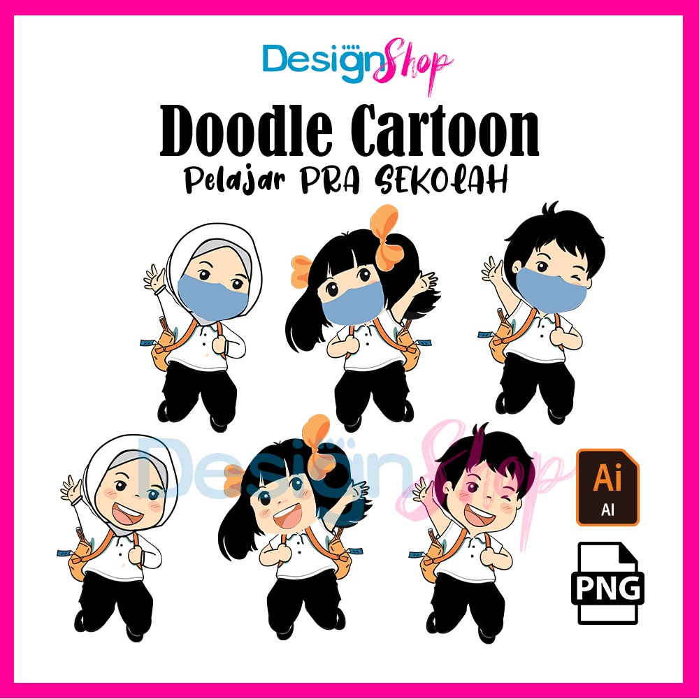 DESIGN ONLY,  CUTE DOODLE CARTOON PRA SEKOLAH, Design Mudah & Murah  [Adobe Illustrator]