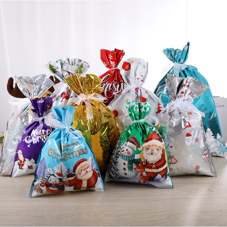 (With ribbon) Christmas Gift Bags Santa Claus Drawstring Bag Candy Bag ...