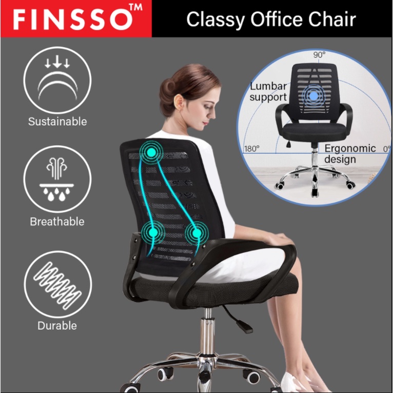 FINSSO : Office Chair With HeadRest - Classy Large Mid-Back Height Adjustable Mesh Cloth