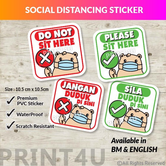 PRINT4U SAFETY DISTANCE STICKER BEAR " SIT HERE " & " DO NOT SIT HERE " TABLE SEAT SOCIAL DISTANCING STICKER