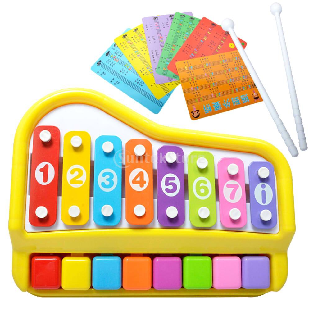 Blue rainbow yuango 2 in 1 Piano Xylophone for Kids Multicolored 8 Keys Mini Percussion Glockenspiel Instrument with Music Cards 