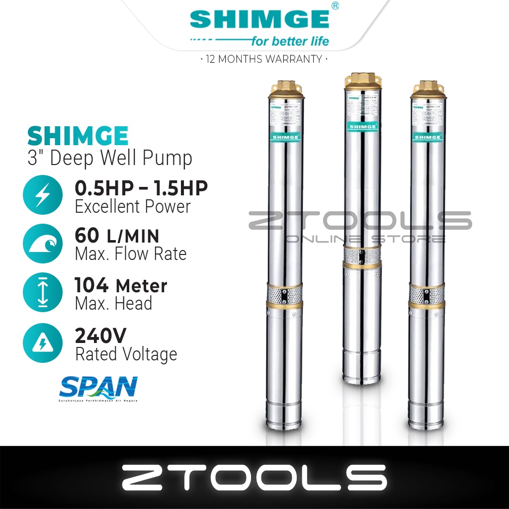 Shimge Deep Well Submersible Pump 3SGm 3" Borehole Water Pump 0.5HP