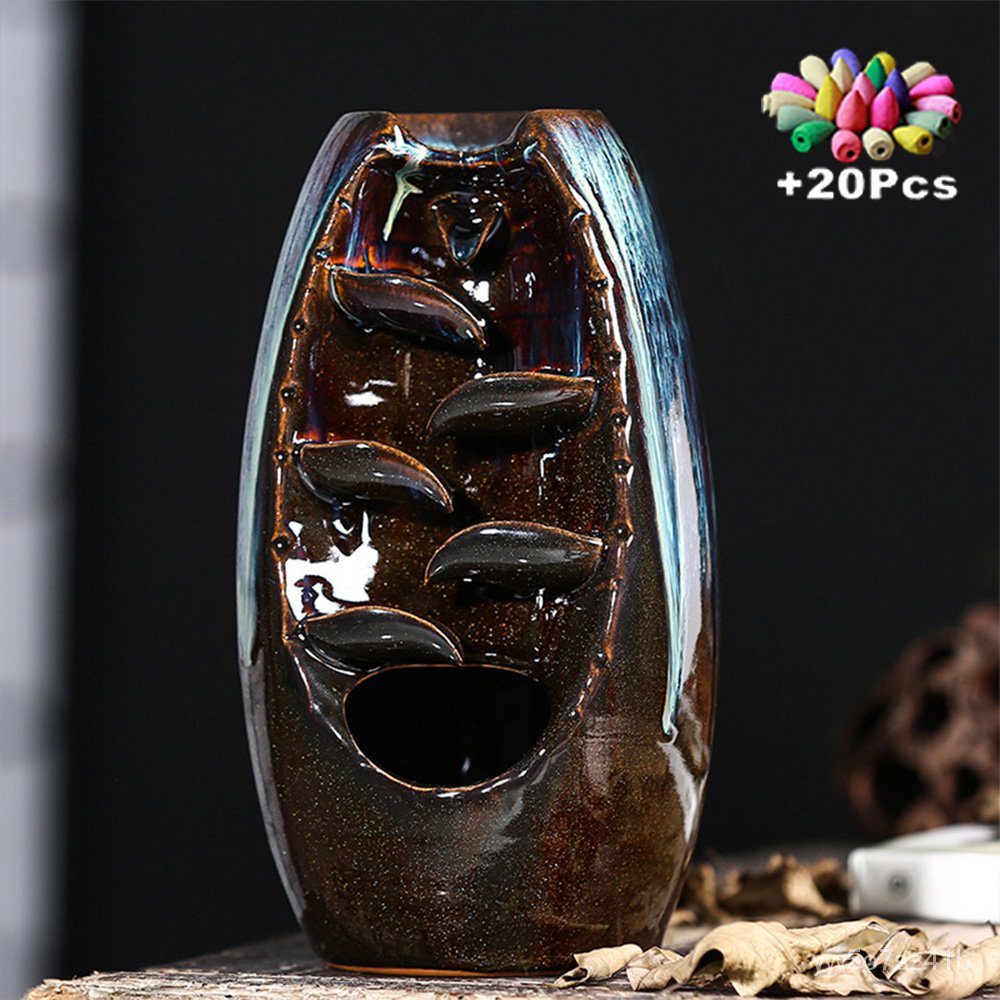 Free 20 Cones Ceramic Lotus Waterfall Zen Incense Burner Figurine Holder Room Decor Encens Tobacco Heater Mixed Collecti