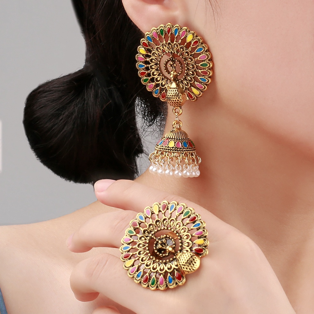 Bohemian Indian Luxury Jewelry Set Multicolor Dubai Wedding Peacock Rings And Tassels Earrings Set For Women