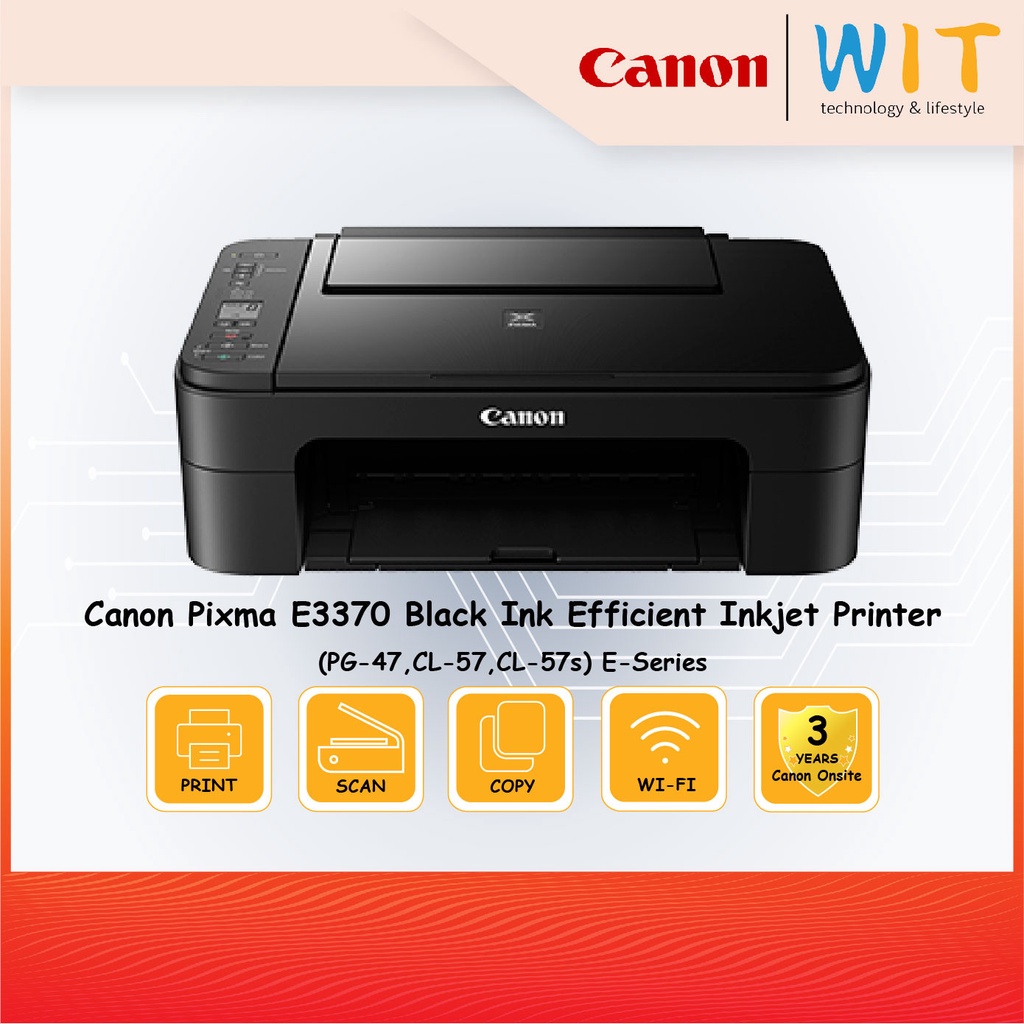 Canon Pixma E3370 Black Ink Efficient Inkjet Printer (Print,Scan,Copy,WiFi) (PG-47,CL-57,CL-57s) E-Series