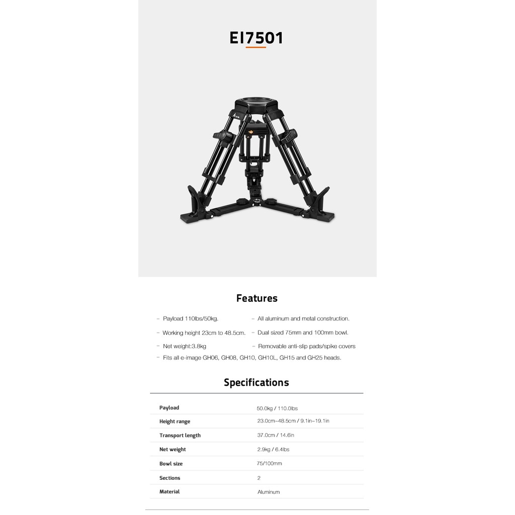 EImage Baby tripod legs with paylod 50kg combination 75/100mm bowl EI-7501 