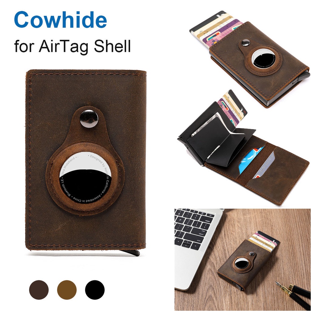 Slim RFID Protected Card Wallet Genuine Cow Leather Card Holder Smart Wallet Money Clip with Airtag Case Cover For Airtag Tracker Location Protector