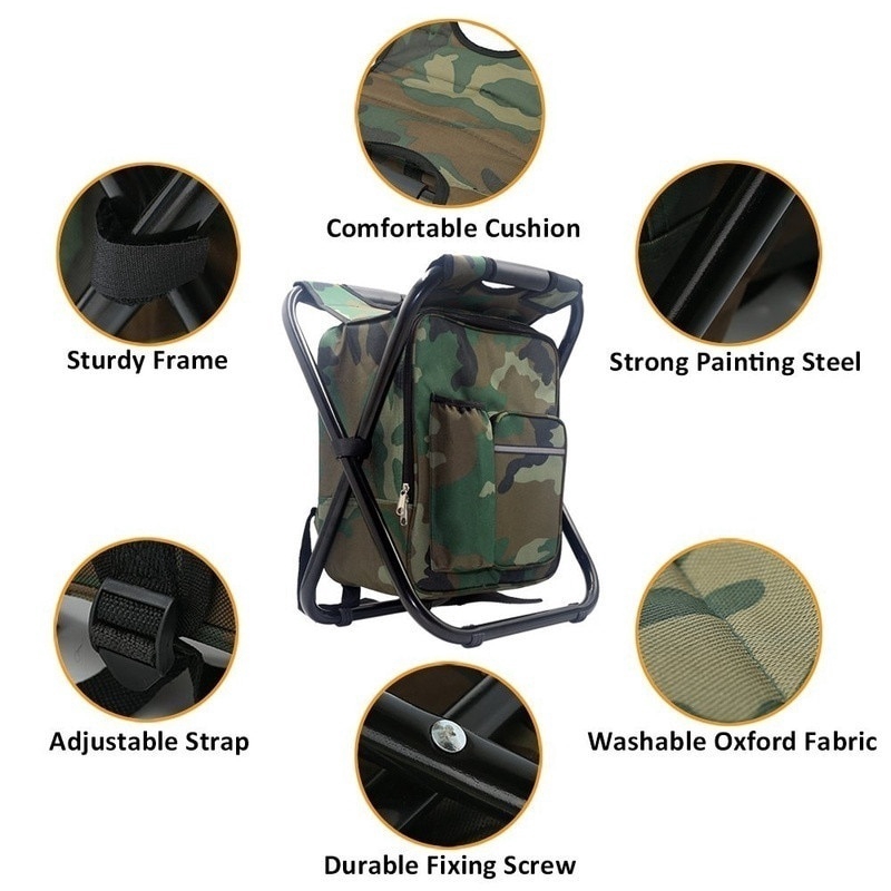 Fishing Packing Bag Backpack Camping Foldable Stool Seat Chair Kit Camo Outdoor