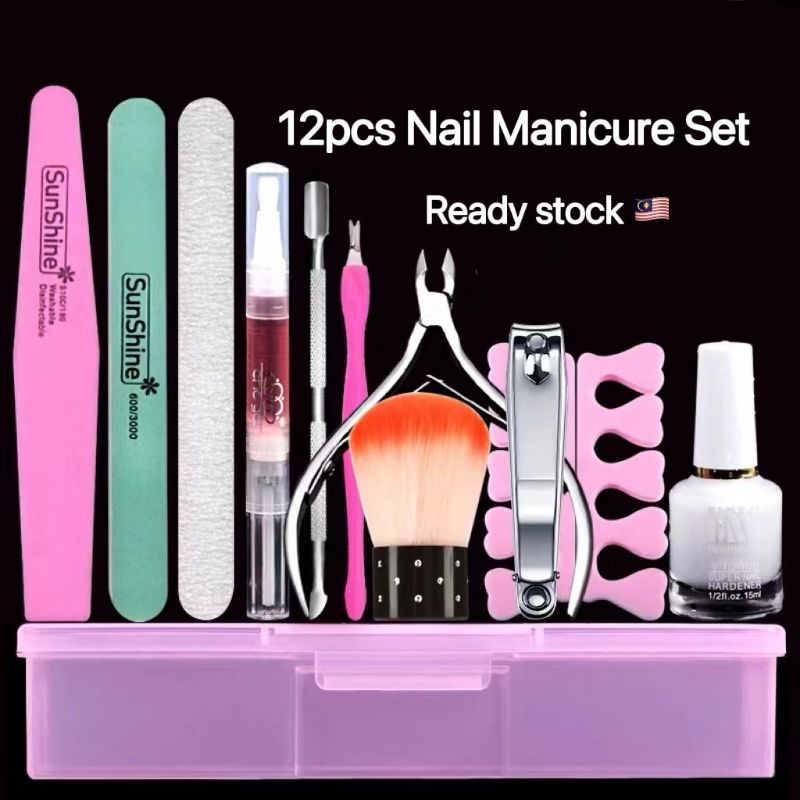 12 PCS Nail Manicure Tool SET Basic Nail Grooming Pedicure Kit Cuticle / Nail Polish Remover Clipper Pusher Clean Brush