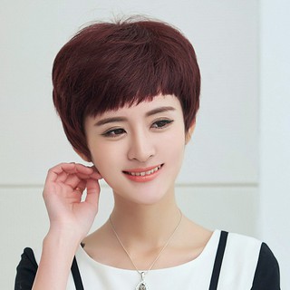 Beauty Wig Women Short Hair Round Face Mom Real Human Hair Silk