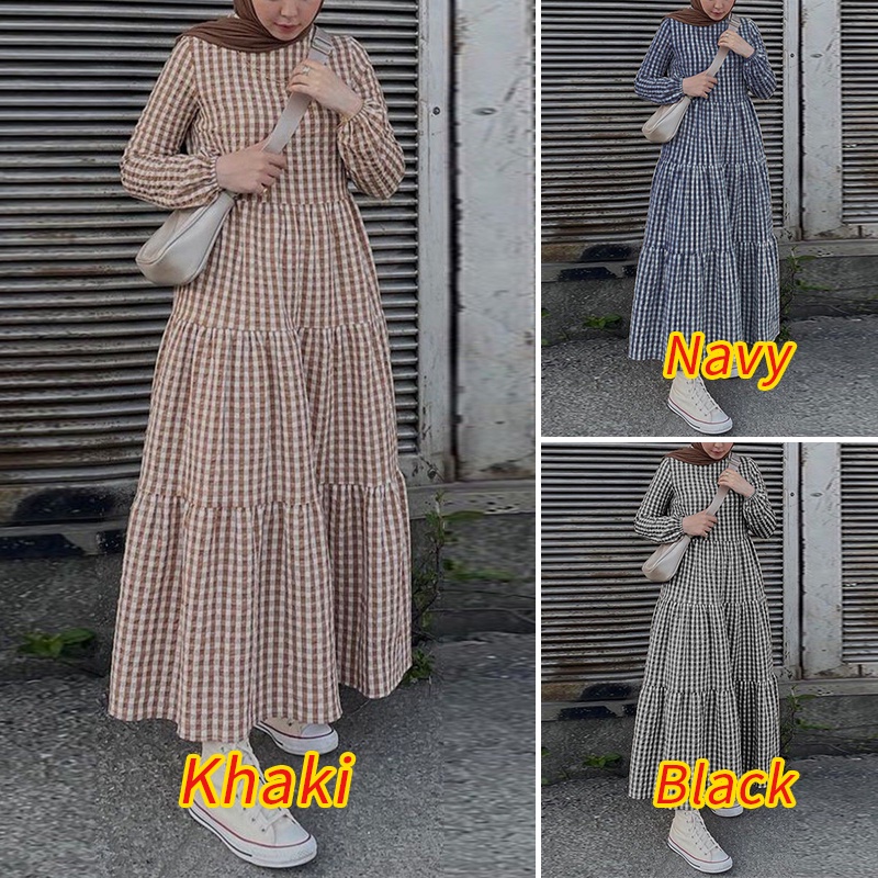 ZANZEA Women Muslim Street Fashion Puff Sleeve Bubble Plaid Pleated Doll Dress