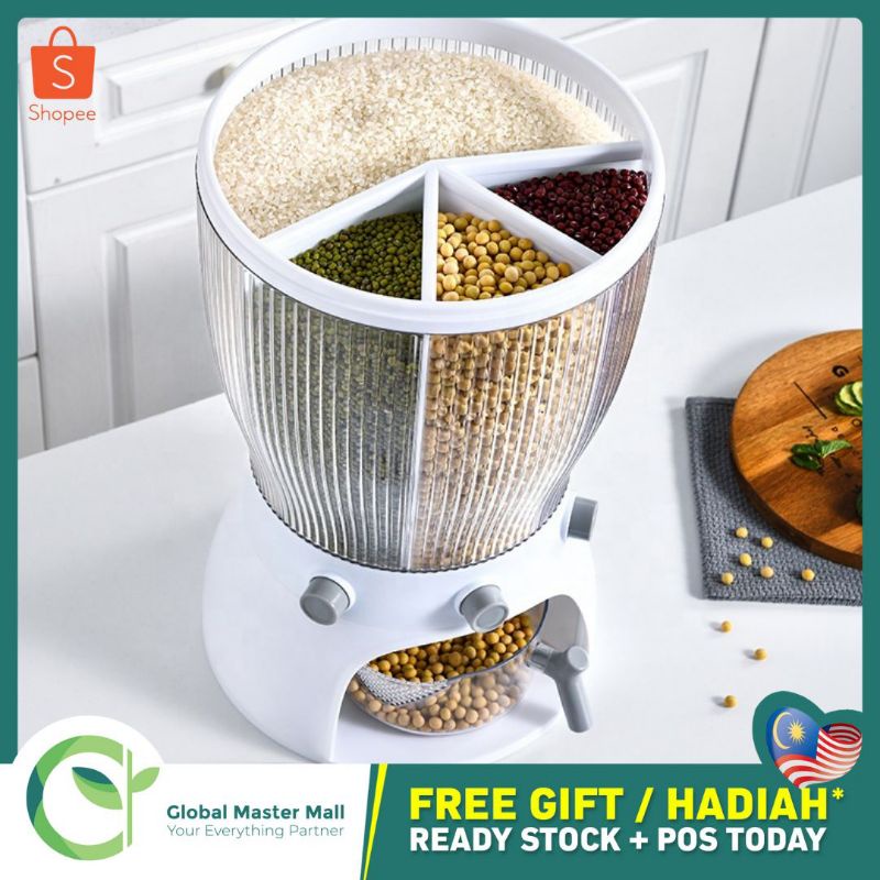 🔥 PALING MUDAH 🔥 Bekas Beras dan Kacang Multi Fungsi Berputar 360 Darjah 4 in 1 Rotating Rice Dispenser 360°