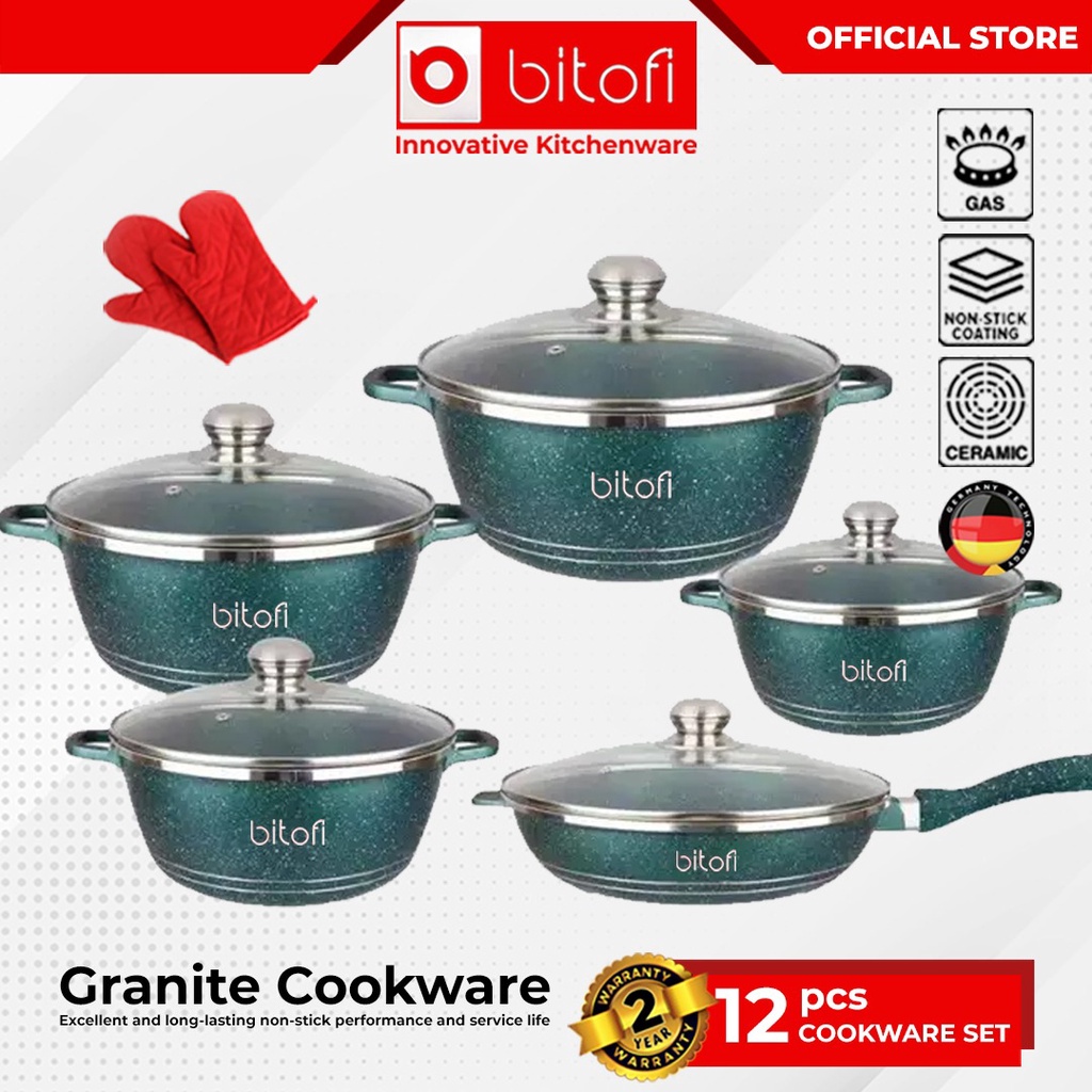 BITOFI GERMANY Granite Plus 12 PCS Cookware Set NonStick Granite