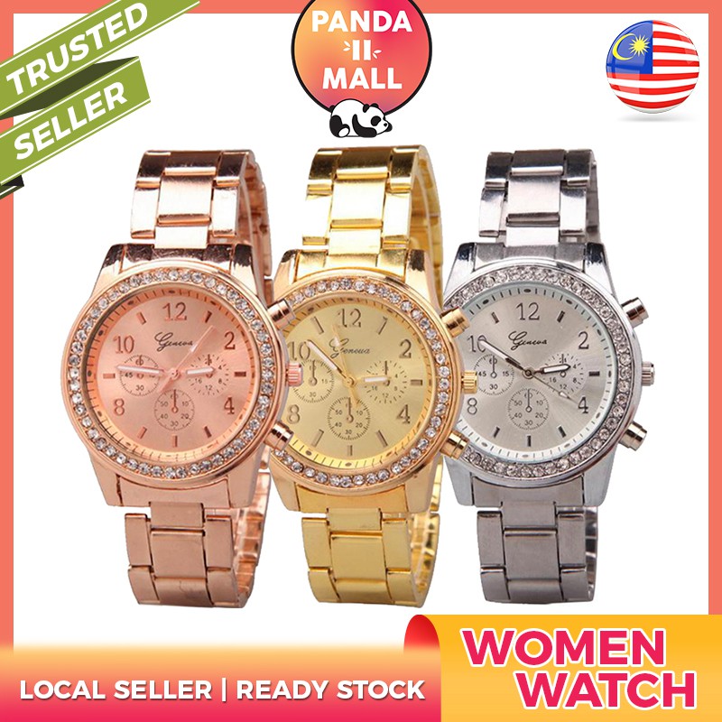 [?PANDA PROMO?] Original Geneva Luxury Stainless Steel Diamond Chronograph Women Watch Jam Tangan Wanita Perempuan