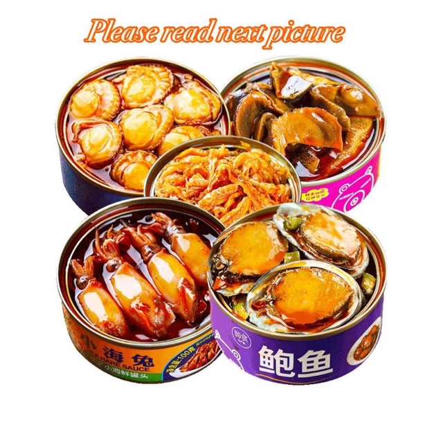 Tiktok Seafood Canned 网红麻辣小海鲜熟食扇贝肉 Ready to Eat 鲍鱼即食罐装 大海螺肉罐头 海兔 Can