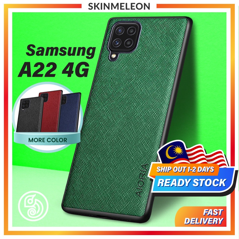 SKINMELEON Casing Samsung A22 4G Case Elegant Cross Pattern PU Leather TPU Full Protection Cover Phone Cases
