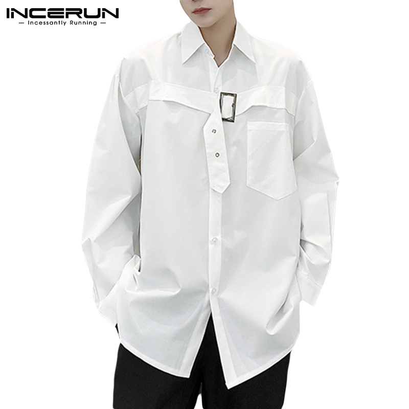 INCERUN Men's Japanese Style Fashion Long Sleeve Solid Color Lapel Casual Tops