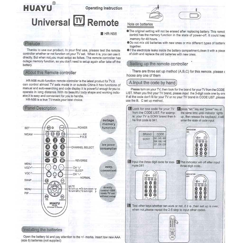 Huayu HR-N98 Multi TV Remote Control