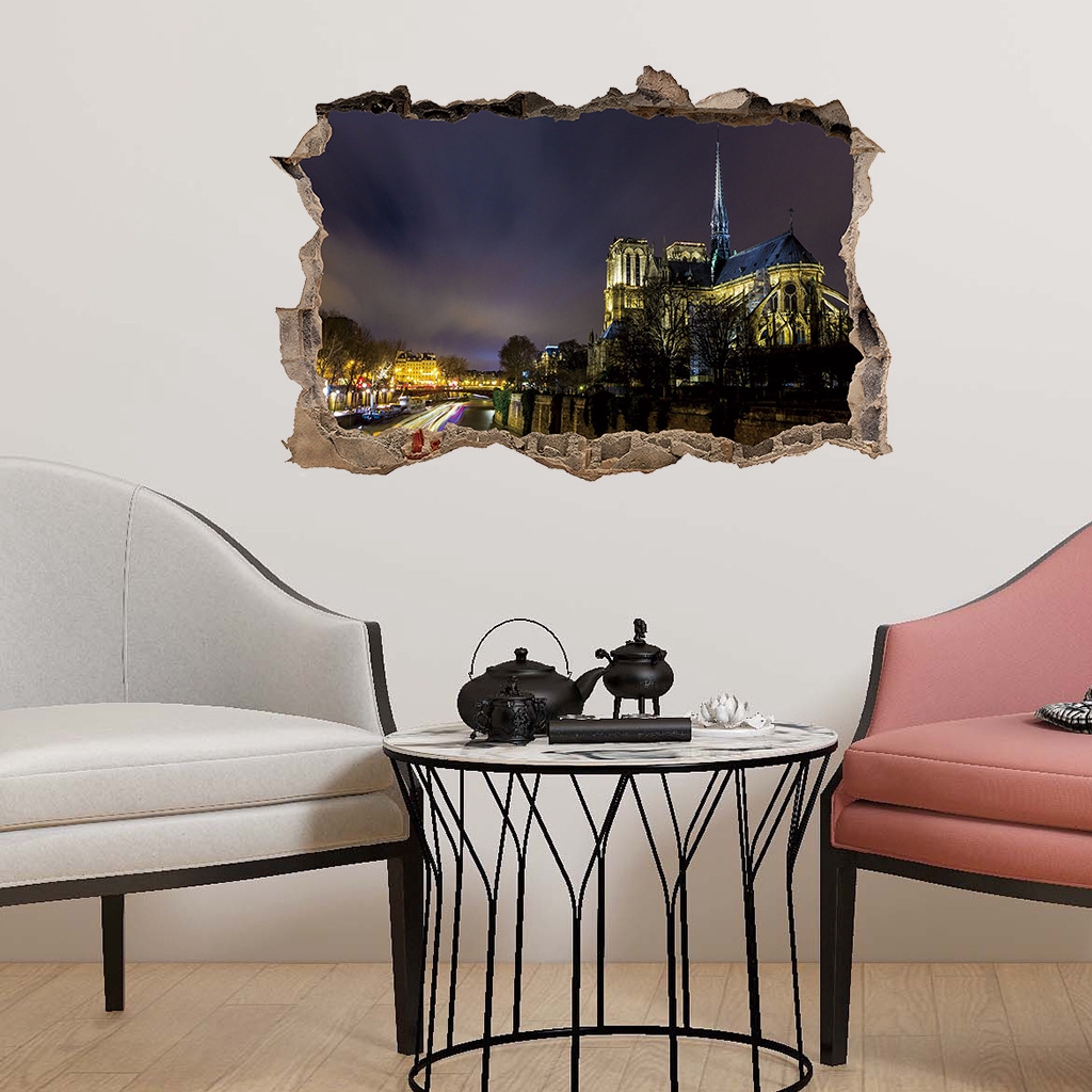 In Stock Broken Wall Notre Dame Wall Stickers Night View