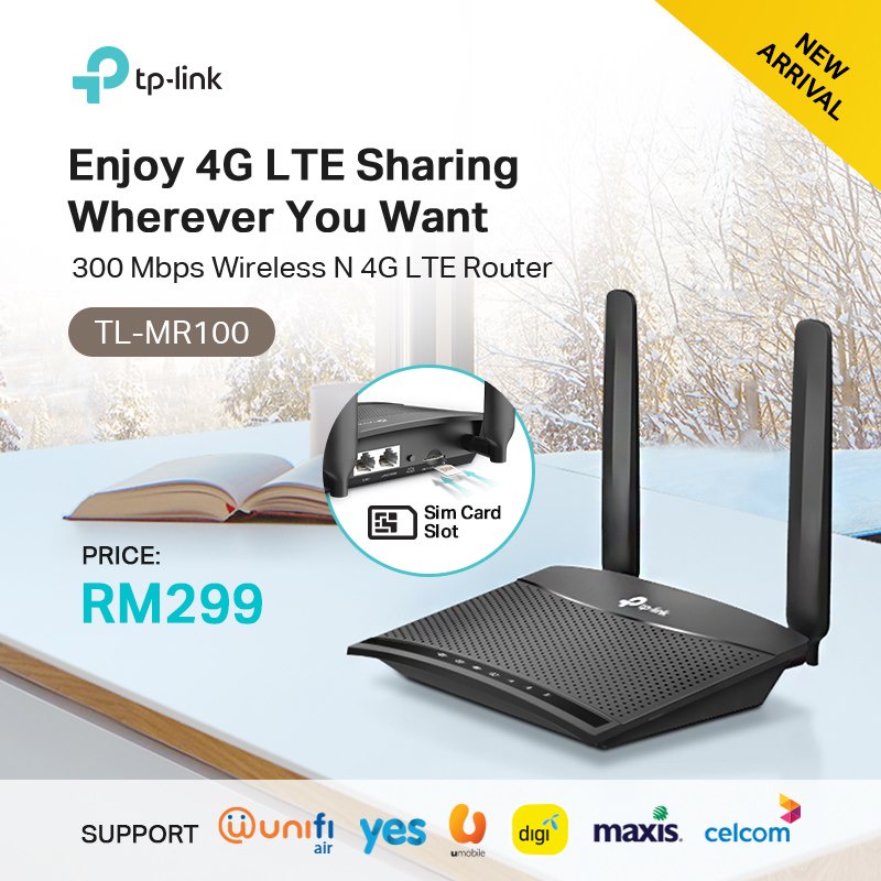 TPLink TLMR100 Wireless N300 4G LTE Mobile Direct SIM Modem Router