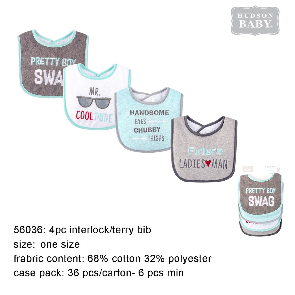 Hudson baby Interlock Drooler Bib Pretty Boy Swag (4's/Pack) 56036