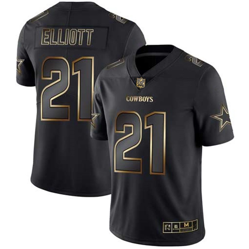 Men NFL Rugby Denim Jersey #21 ELLIOTT #54 SMITH Black Tribute Edition Short Sleeve Football Jersey