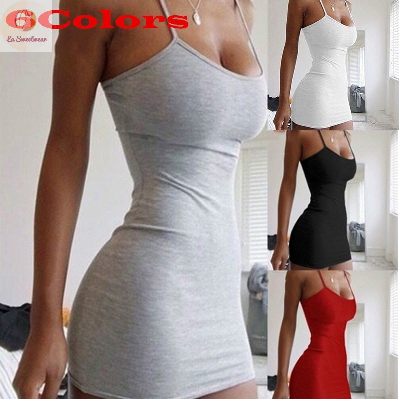 Solid Color Sleevless Spaghetti Strap Fitted Dress Summer Slim Short Dress Mini Dress Club Party Dress Women's Fashion