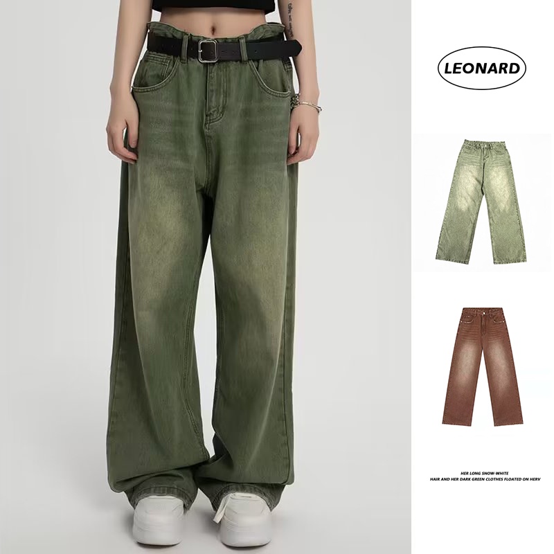 Unisex American Vintage Baggy Jeans Men Women Plus Size Casual Loose Wide Leg Denim Pants Green Jeans lelaki Long Pants