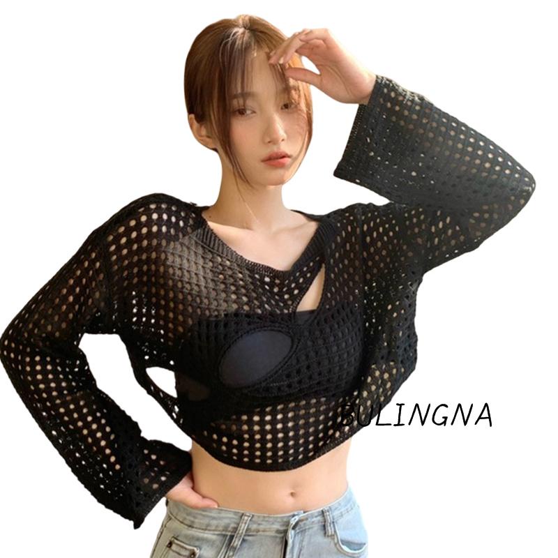 BULINGNA-Women’s Hollow Out Knit Tops, Fashion Long Sleeve Round Neck Loose T-Shirt Cover Ups
