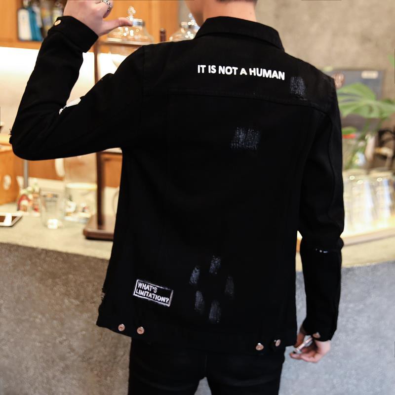 Pendatang baru jaket denim hitam kasual lelaki lelaki versi Korea jaket pemuda langsing lelaki Korea dengan pakaian