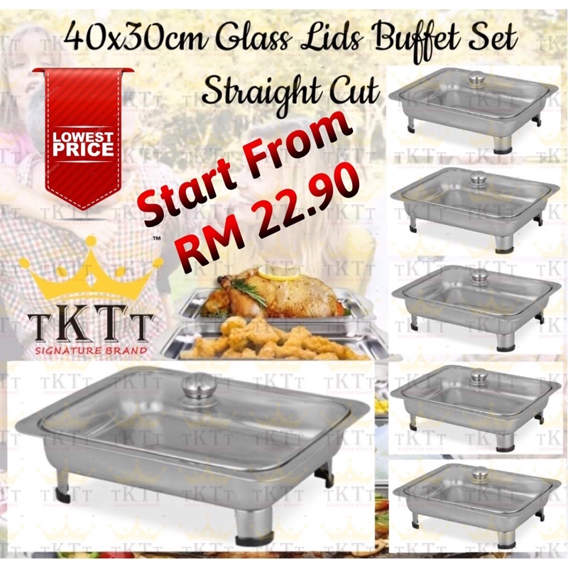 TKTT 40x30 Glass Lids Stainless Steel Buffet Set Catering Serving Tray Food Pan Warmer Bekas Lauk Katering Serbaguna