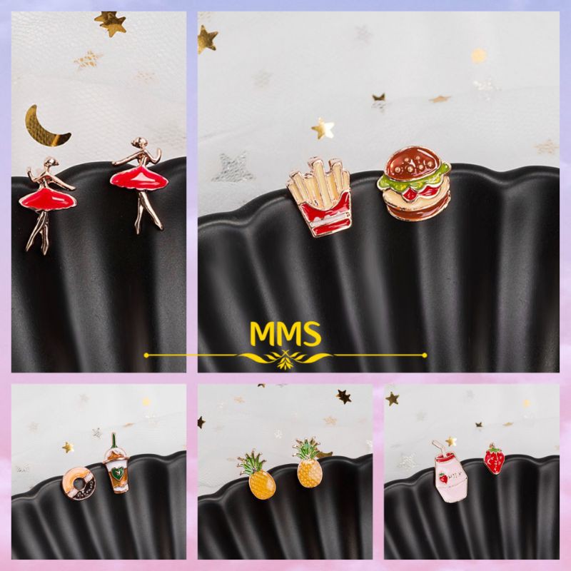 READY STOCKCartoon Enamel Stud Earrings Hamburger Fruit Pineapple Donut Coffee Stawrberry Yogurt Ballet