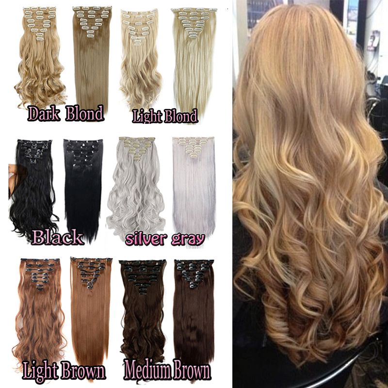 60cm 18 Clips Hair Extension Long Straight Curly Silky Soft Hair