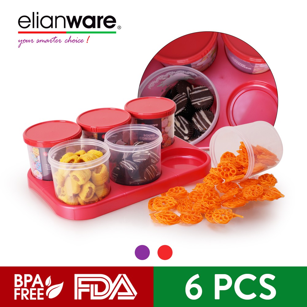 Elianware Edisi Raya (6 Pcs) Round Snacks Candy Container with Tray Bekas Kuih Raya