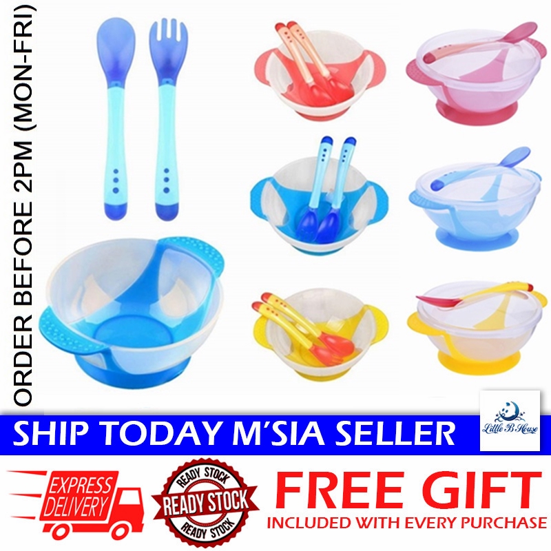 [Little B House] Baby Food Supplement Temperature Sensor Feeding Sucker Bowl Set Fork Spoon 宝宝吸盘碗 Mangkuk Bayi - BKM14