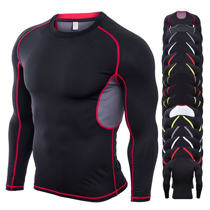 Mens Pro Compression Long Sleeve Shirts Breathable Fast Dry Bodybuilding Tops