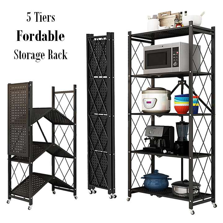 iDECO 5 Tier Foldable Storage Rack With Wheel For Living Room Bedroom