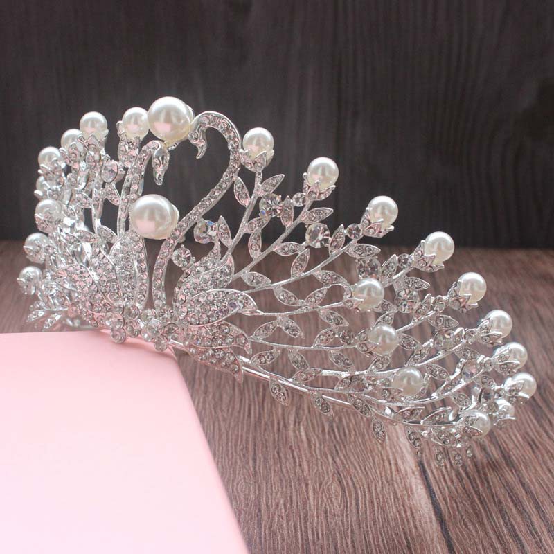 Crystal Swan Tiara Crown Pearl & Strass Sposa Matrimonio Prom Hairband Argento 