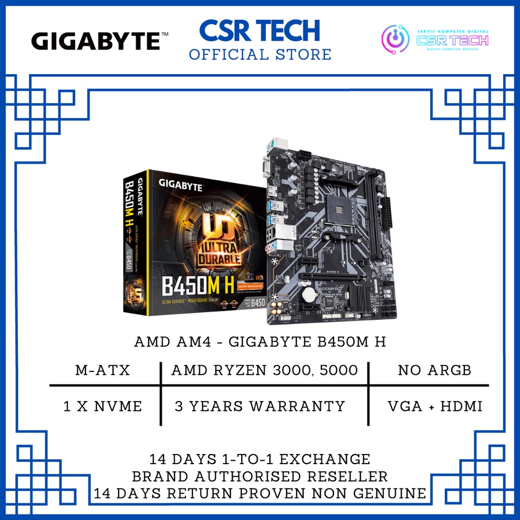 GIGABYTE B450M H AM4 MATX MOTHERBOARD + AMD CPU COMBO ATHLON RYZEN 3 5