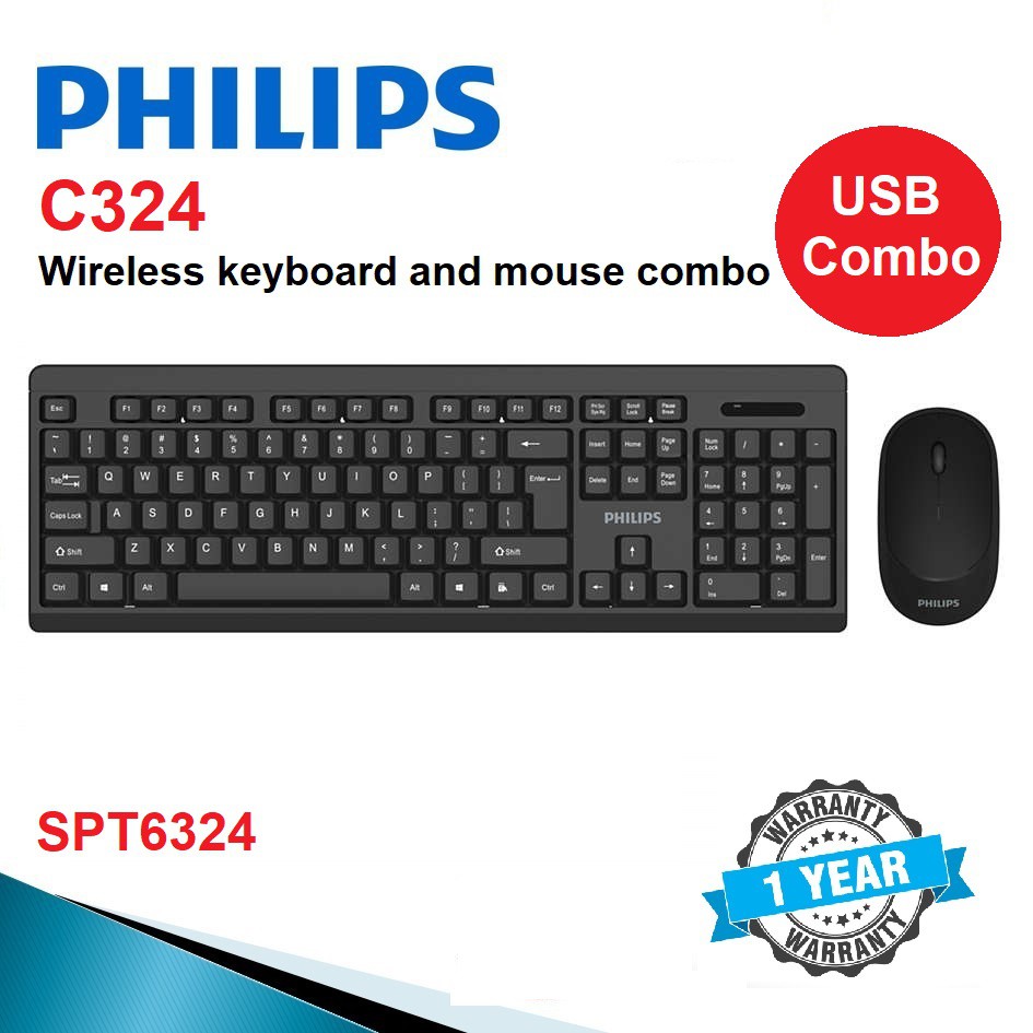 Philips C324 Wireless USB Keyboard Mouse combo SPT6324 3 buttons 2