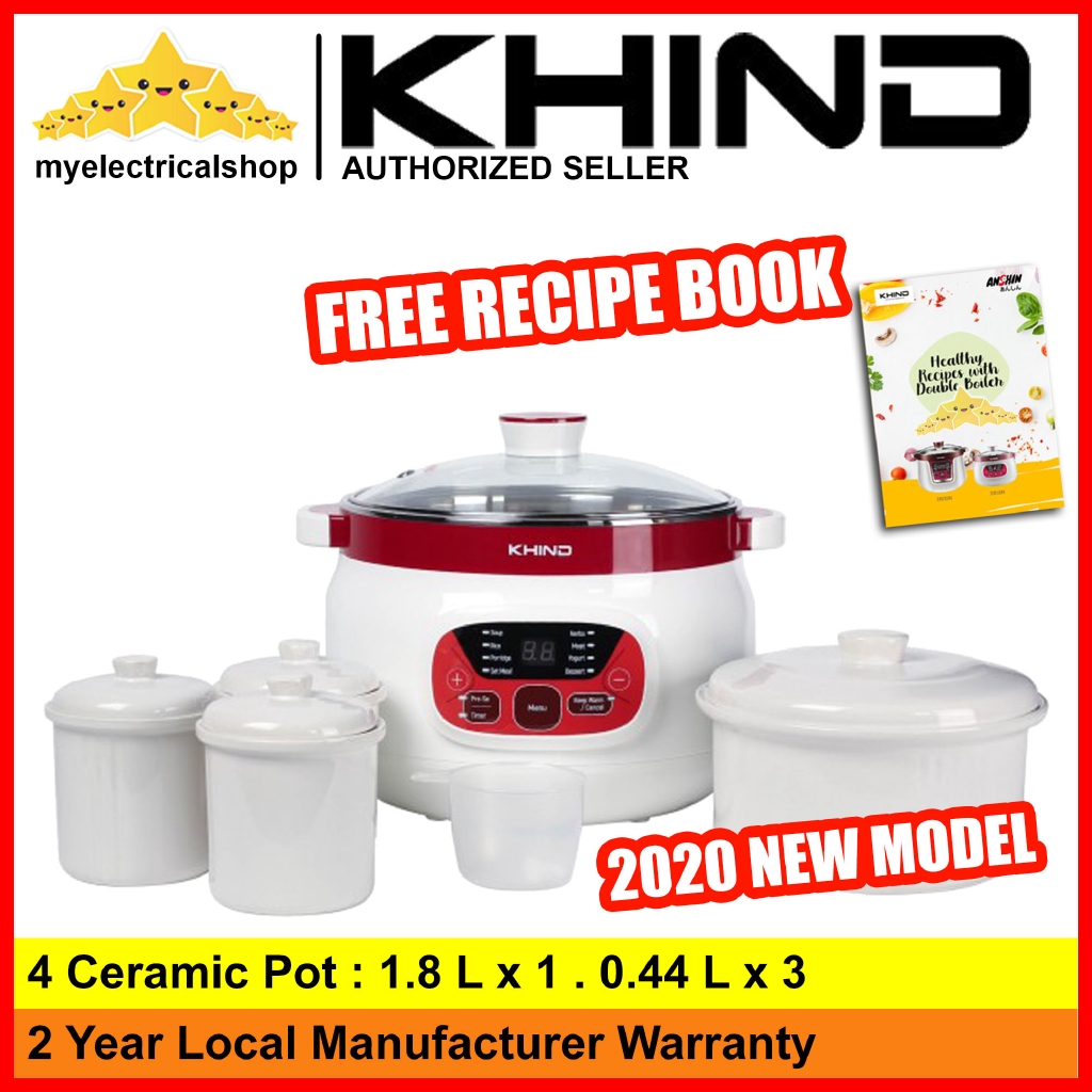 Khind DB18N Double Boiler Anshin Double Boiler (1 Ceramic Pot 1.8L , 3 Ceramic Pot 0.44L