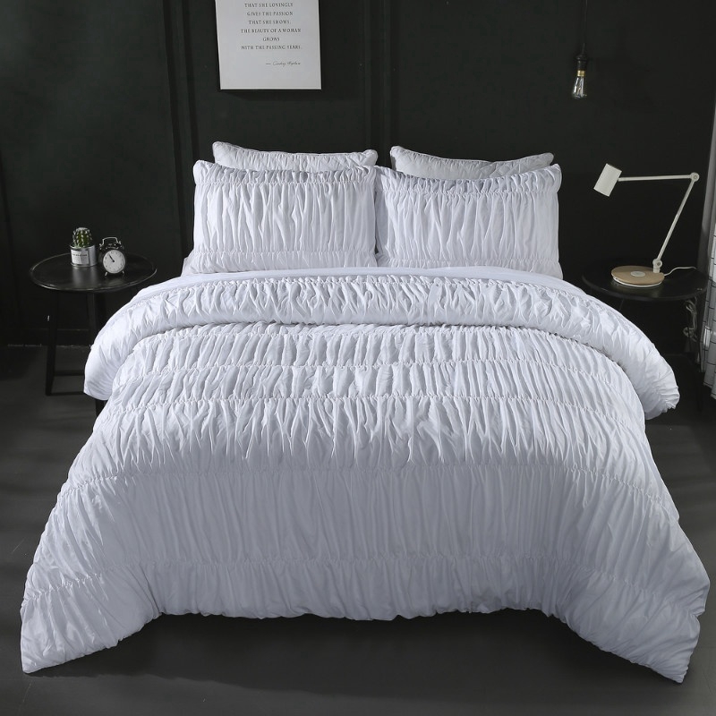 Luxury Elastic Embroidered Duvet Cover Set White Grey 3pcs Queen