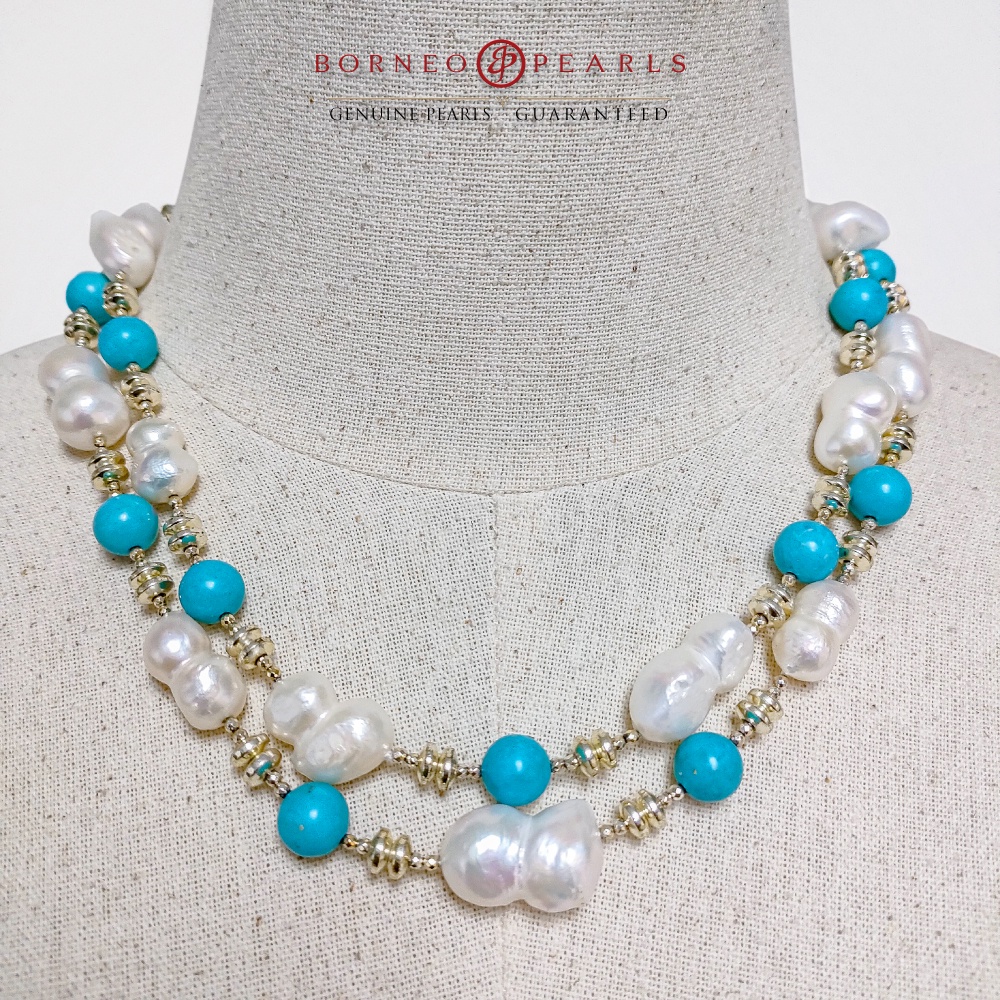 OCEAN OF HOPE TURQUOISE & PEARL 40 INCH NECKLACE